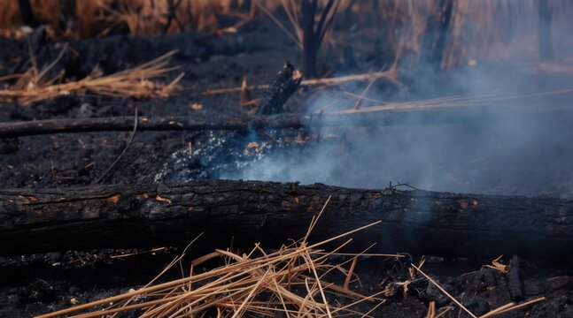 Charred wood and smoke linger after winter wildfire on South African Highveld. Ash covers ground near burnt logs. Dry grass surrounds smoldering embers.