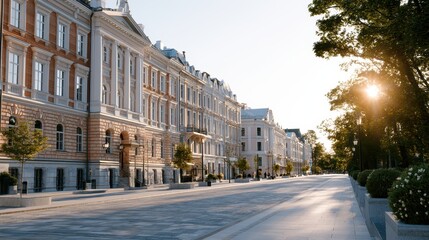 Naklejka premium Historic European boulevard at golden hour, elegant city architecture, urban travel destination, picturesque street scene.