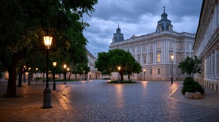 Fototapeta premium Historic European boulevard at golden hour, elegant city architecture, urban travel destination, picturesque street scene.