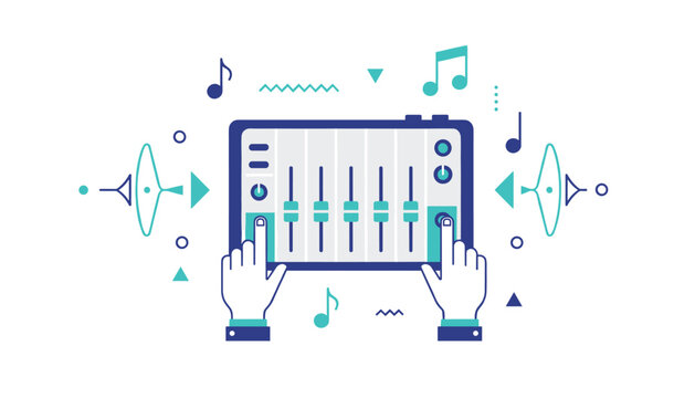 Digital audio mixing console with hands adjusting fader controls surrounded by floating musical notes and sound wave graphics for music production studio concepts.