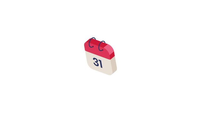 3D isometric calendar pop up animation showing thirty one days date grid