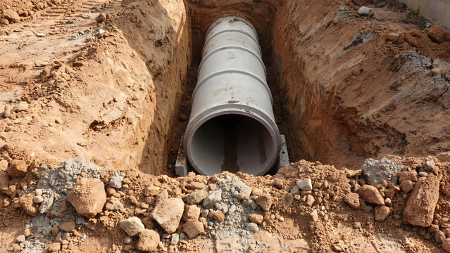 Concrete drainage pipes installed inside an excavated earth trench