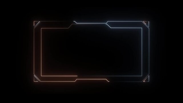Glowing neon futuristic frame animation with cyan and orange lines on a black background, digital overlay, gaming interface, livestream border ,,,,,
