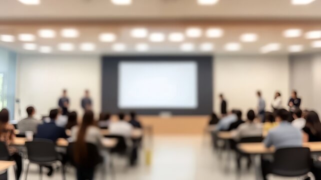 Blurred view of people attending professional business presentation in modern conference room for seminar training events.