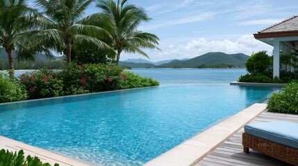 Fototapeta premium Infinity pool with tropical landscape, luxury resort destination, relaxation and premium travel lifestyle concept.
