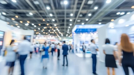 Fototapeta premium Blurred view of people networking at professional trade show exhibition event interior hall.