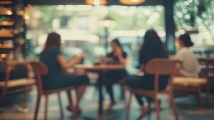 Fototapeta premium Blurred people enjoying afternoon conversation inside modern cozy coffee shop restaurant interior view.