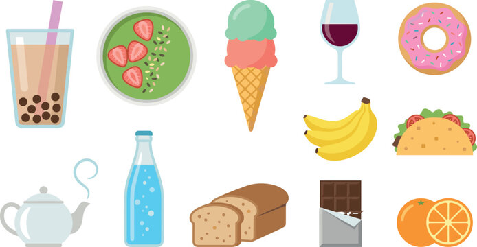 Food and drink vector icon set featuring flat illustration elements with bubble tea ice cream smoothie donut wine taco chocolate bread banana
