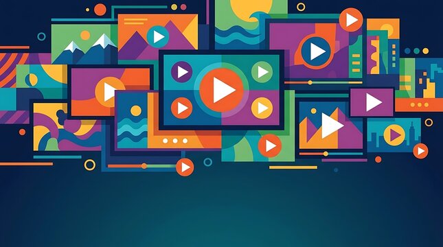 Multimedia video streaming platform with vibrant geometric player icons