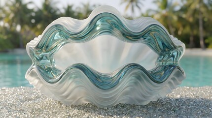 Fototapeta premium Translucent crystal clam rests open on glass pebbles against a bright tropical beach background