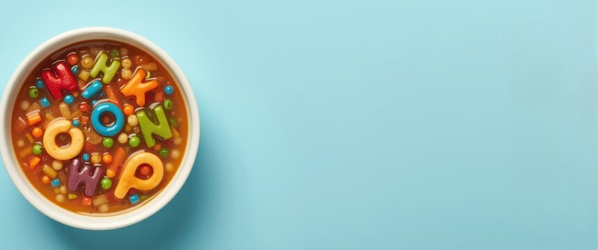 Colorful alphabet soup in a white bowl on a blue background