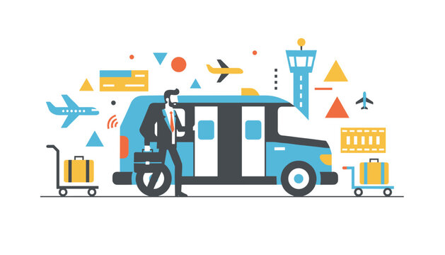 Businessman with briefcase standing by shuttle van at airport with control tower and luggage cart for corporate travel logistics.