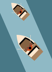 Two rowboats traveling in water, Minimalist vector illustration of boats racing, Overhead view of dual rowers © Photography Mahi