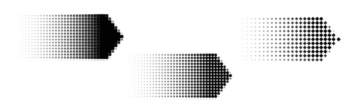 Halftone dotted black arrows set, Gradient square round diamond shape pointers, Pixelated fading direction graphics on white, Abstract texture digital arrows