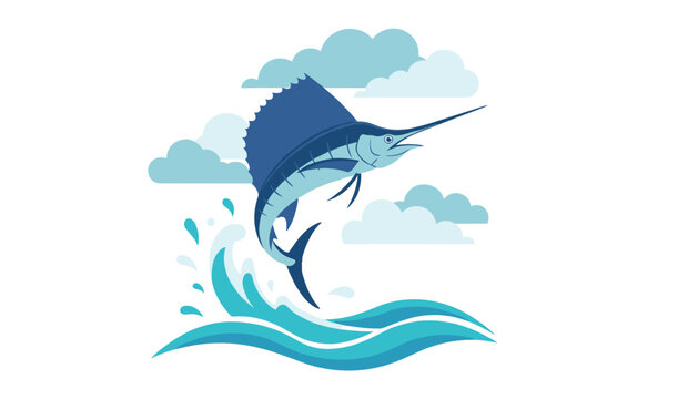 Sailfish jumping out of ocean waves with clouds in background for marine sport fishing or wildlife conservation and tourism marketing materials.
