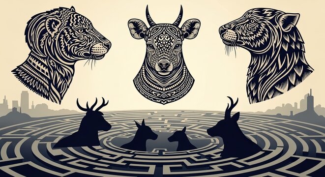 Tribal animal icons and deer silhouettes in a circular maze