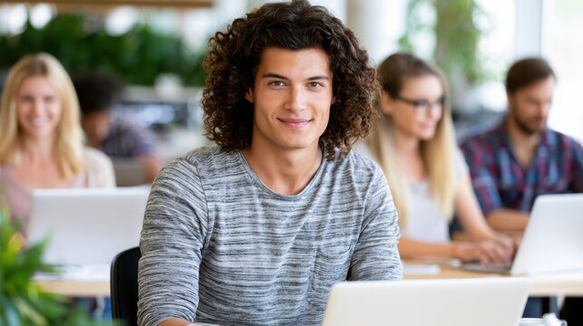 Smiling young professional in office, teamwork and modern workplace concept.