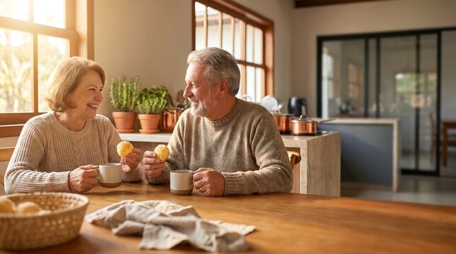 Older couple drinking coffee and eating p&atilde;o de queijo in sunlit kitchen, warm family lifestyle scene for food and home marketing