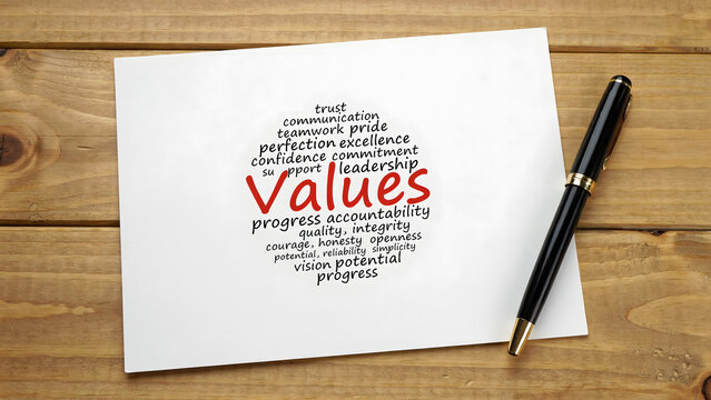 A word cloud of corporate values written on paper with a pen on wood