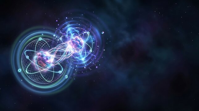 Glowing abstract representation of quantum entanglement and atoms