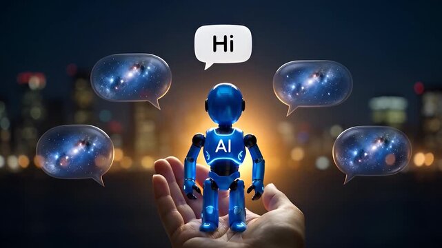 A blue robot with ai on its chest standing on a hand with speech bubbles around it at night