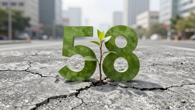 58. [STYLE] of a tree sapling growing from cracked concrete showing resilient green growth against weathered gray urban texture, soft natural sidelight, vivid green and weathered gray tones, blurred c