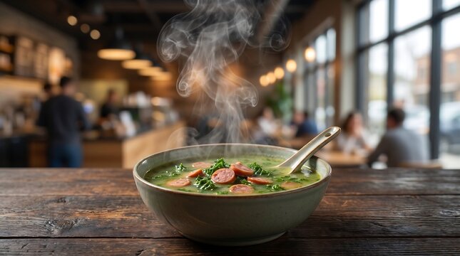 Steaming green broth caldo verde soup close-up on rustic surface, traditional Brazilian winter soup for food and menu design