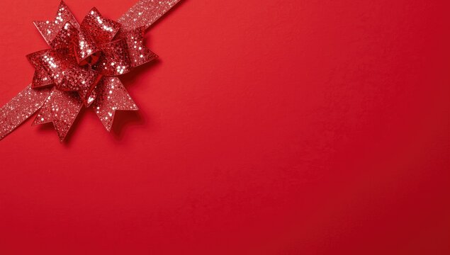 Red gift bow on a solid red background