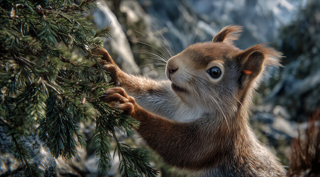 Curious Squirrel on Pine Branch A close-up shot reveals a curious red squirrel with fluffy fur and bright eyes reaching out to a pine tree branch in its natural habitat.