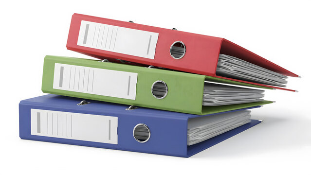 A stack of three colorful ring binders containing documents on white background