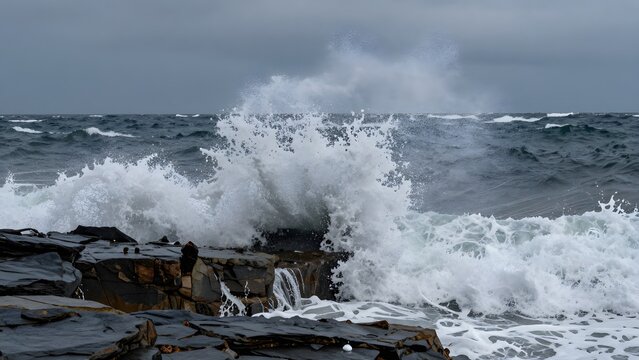 138. [STYLE] of a rocky coastline battered by powerful ocean waves showing dynamic spray texture against weathered stone, dramatic overcast natural light, slate gray and deep blue tones, expansive coa