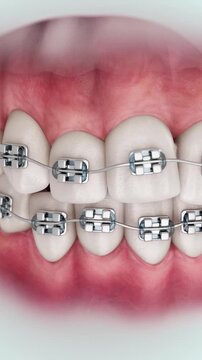 3D dental animation demonstrating how braces correct tooth alignment. Realistic orthodontic visualization suitable for healthcare and educational content.