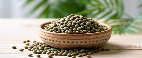 Obraz premium Green lentils spilling from a ceramic bowl onto a wooden surface, showcasing nutritious plant-based protein.
