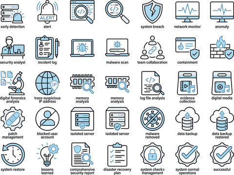Cyber Security Operations Icon Set &mdash; 35 Monoline Vector Icons for Threat Detection, Malware Scan, Digital Forensics, Data Backup and Recovery