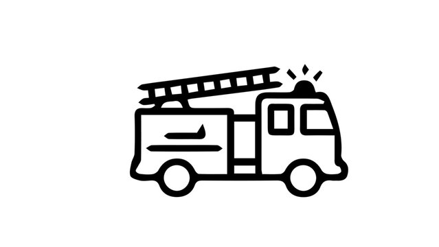Fire truck, emergency vehicle, rescue icon, line art, black and white
