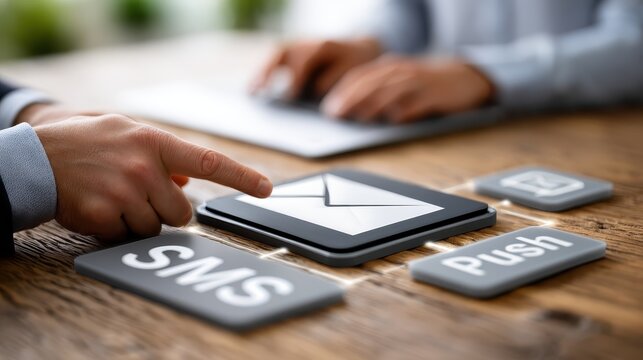 SMS and push notification icons on a desk, mobile marketing, digital communication, customer engagement concept.
