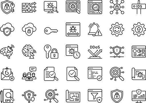Cyber Security Outline Icons Set, Data Protection, Malware Detection, Network Security and Privacy Protection Vector Collection