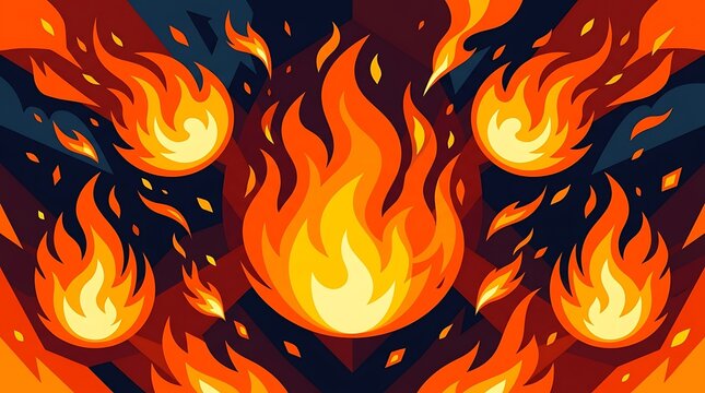Stylized orange flames and fireballs on a dark geometric background