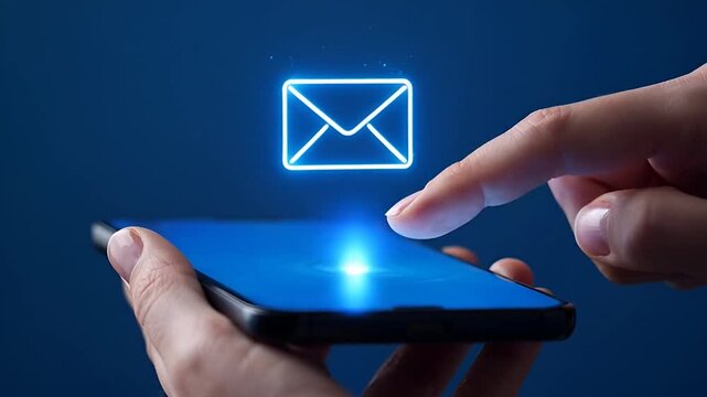 Hands holding a smartphone with an email icon on the screen interface