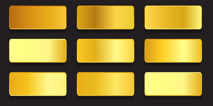 Gold Gradient Swatch Collection Premium Metallic Golden Palette Plate Kit Luxury Foil Texture Background Yellow Bronze Shiny Metal Isolated Element Vector