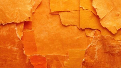 Fototapeta premium Orange art paper collage backdrop featuring layered torn sheets and gentle daylight