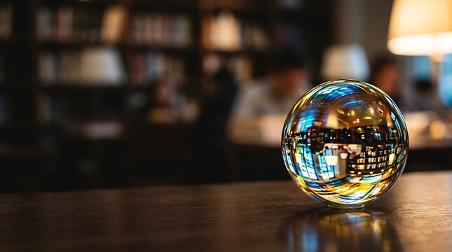Crystal ball reflecting a library interior on a wooden surface