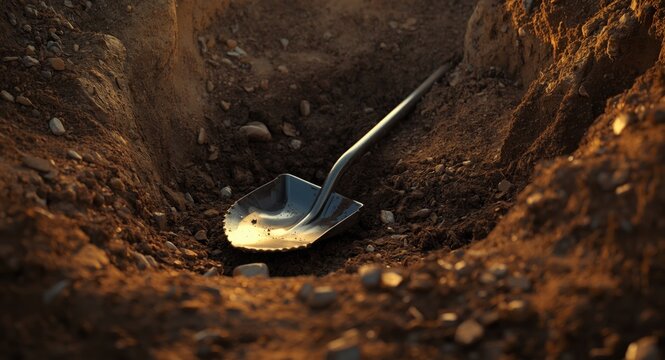 Heavy shovel laid on rich soil in a deep excavation pit during earthworks