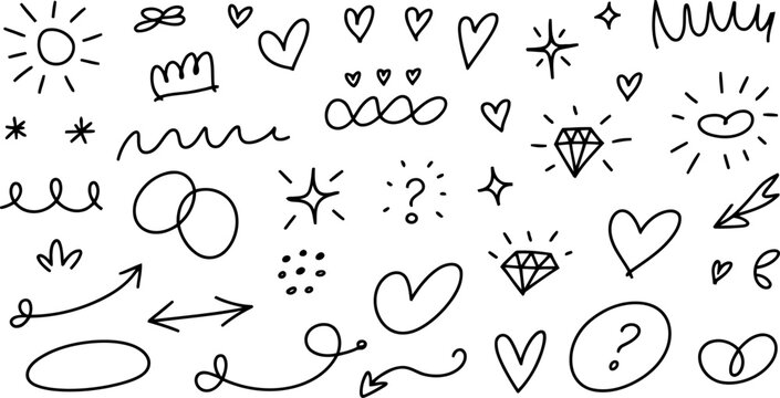 Black doodle elements sun hearts crowns arrows diamonds and question marks 