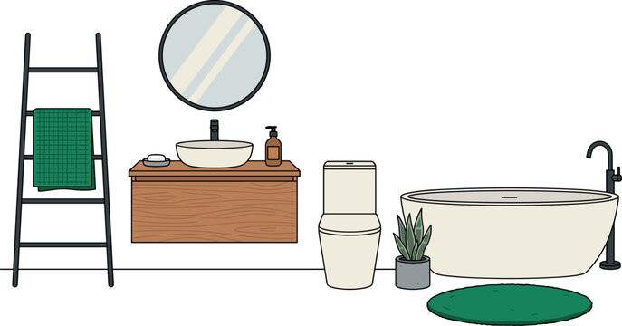 Modern bathroom interior vector illustration set featuring flat design furniture elements with bathtub toilet vanity vessel sink mirror ladder towel rug