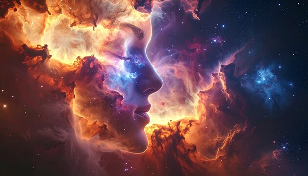Cosmic Connection - Two Faces Merging in a Nebula of Stars.
