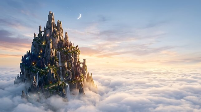 Majestic fantasy mountain castle floating above a sea of clouds