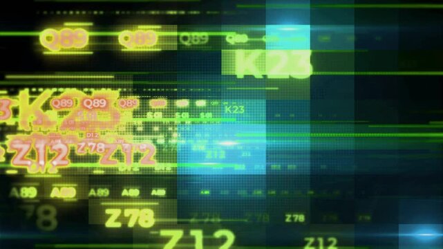 Digital data stream animation featuring glowing green alphanumeric codes moving across a dark screen motion background