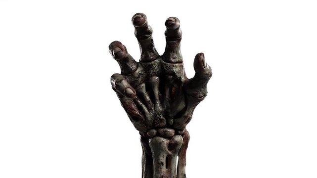 A close up view of a dark human skeleton hand reaching upwards against a clean isolated white background
