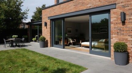 Obraz premium Modern brick home exterior with open patio and large glass doors leading to interior living space. Outdoor dining area with seating and green lawn adjacent to garden plants.